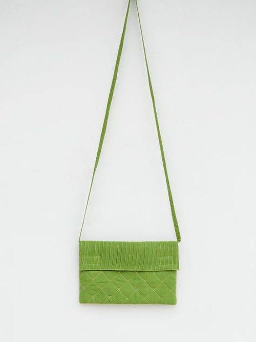 Pleated And Embroidered Green Cotton Bag