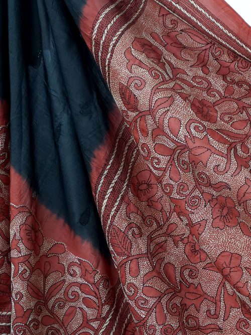 Kantha Embroidered Silk Relief Saree (With Blouse Material)
