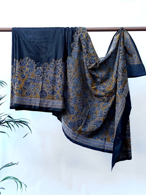 Kantha Embroidered Silk Relief Saree (With Blouse Material)