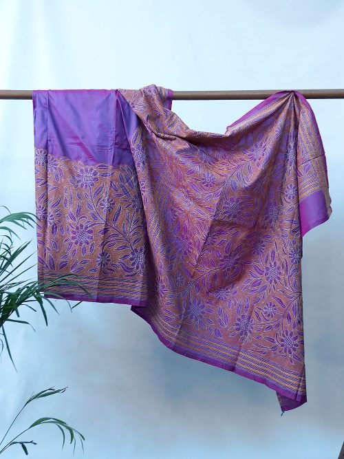 Kantha Embroidered Silk Relief Saree (With Blouse Material)