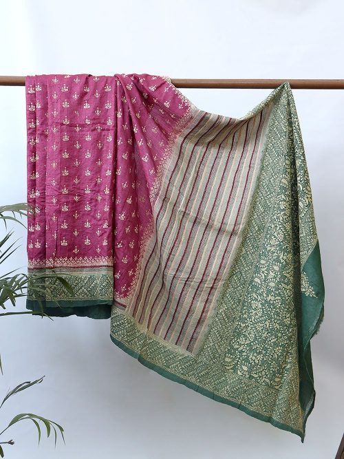 Kantha Embroidered Tussar Silk Butti Saree (With Blouse Material)