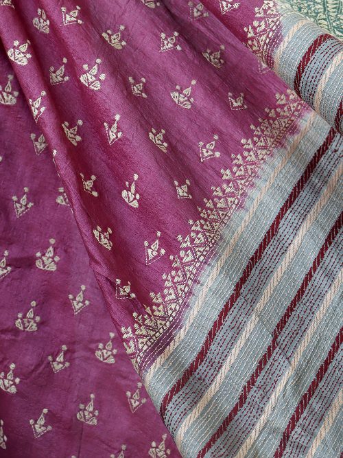 Kantha Embroidered Tussar Silk Butti Saree (With Blouse Material)