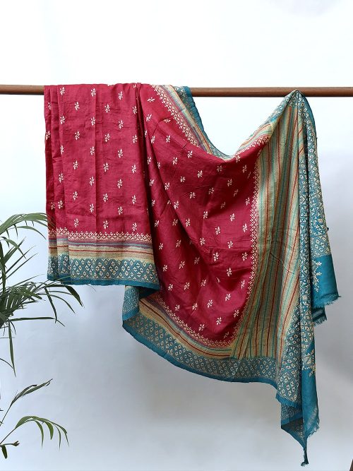 Kantha Embroidered Tussar Silk Butti Saree (With Blouse Material)
