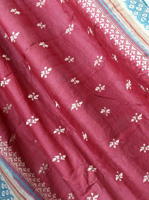 Kantha Embroidered Tussar Silk Butti Saree (With Blouse Material)
