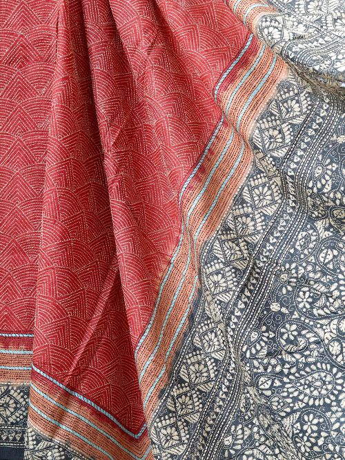 Kantha Embroidered Tussar Silk Butti Saree (With Blouse Material)