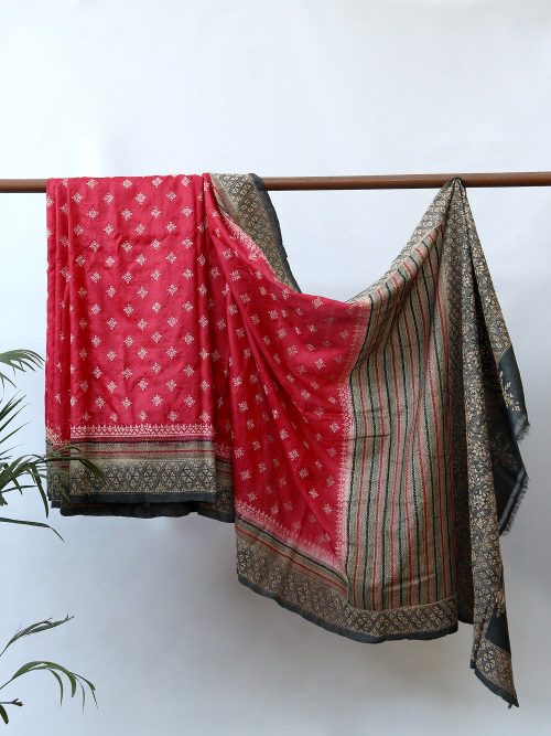 Kantha Embroidered Tussar Silk Butti Saree (With Blouse Material)