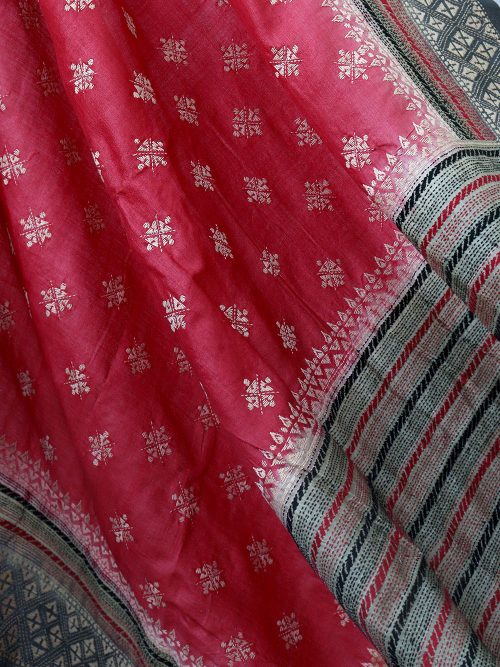 Kantha Embroidered Tussar Silk Butti Saree (With Blouse Material)