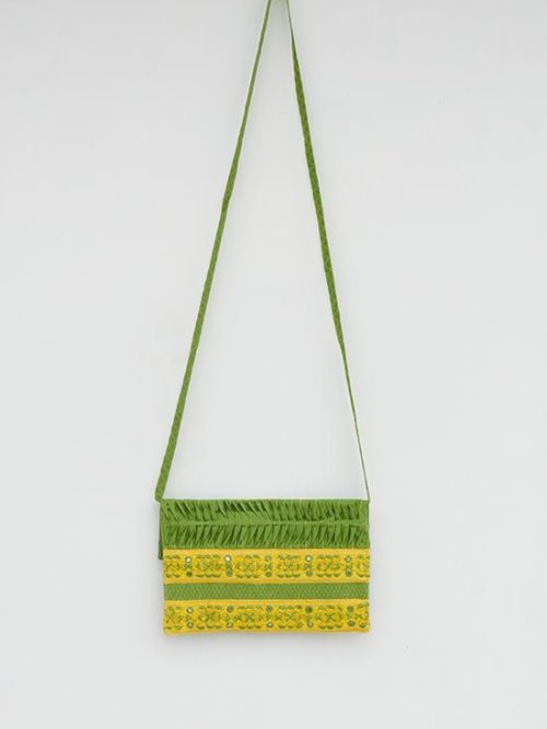 Pleated And Embroidered Green Cotton Bag