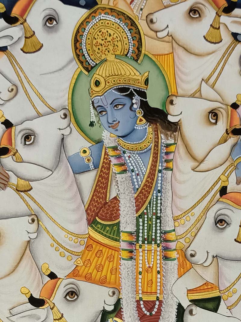 Pichwai Painting Krishna with Cows  handsondastkarcom