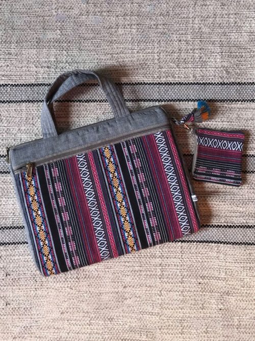 Woven striped laptop Bag with Detachable Pouch