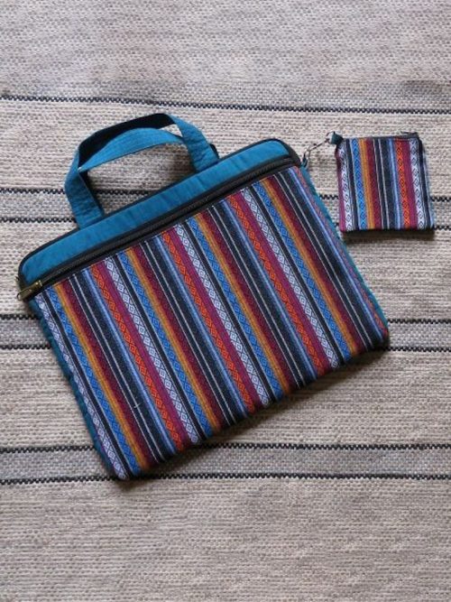 Woven striped laptop Bag with Detachable Pouch