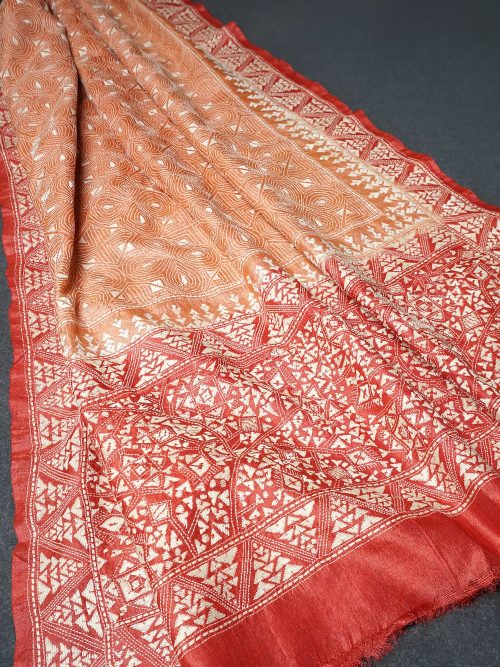 Kantha Embroidered Tie & Dye Tussar Silk Dupatta