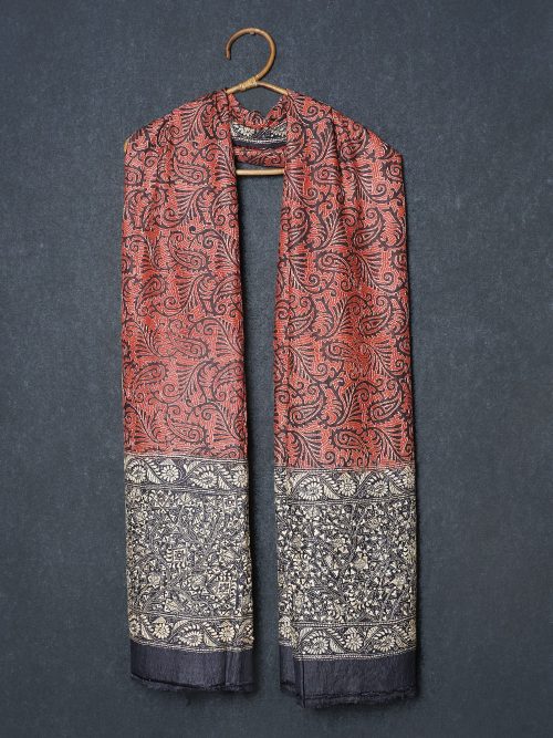 Kantha Embroidered Tie & Dye Tussar Silk Dupatta
