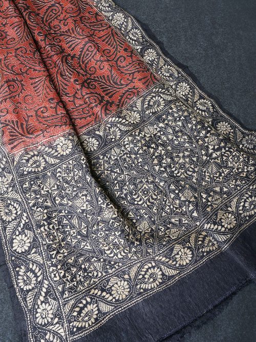 Kantha Embroidered Tie & Dye Tussar Silk Dupatta