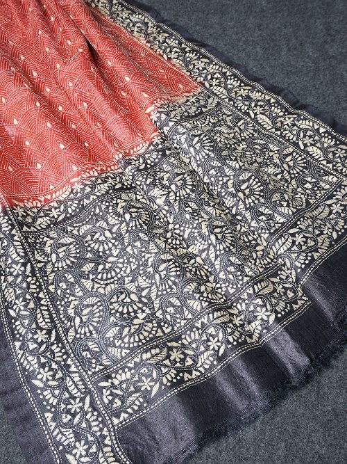 Kantha Embroidered Tie & Dye Tussar Silk Dupatta
