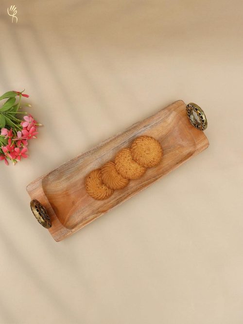 Wooden Tray With Dhokra Handles