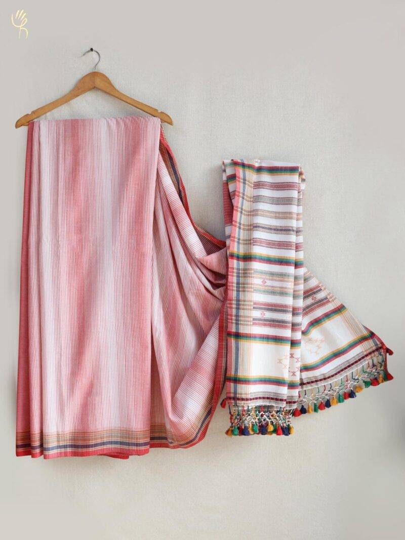 Bhujodi Red White Cotton Saree