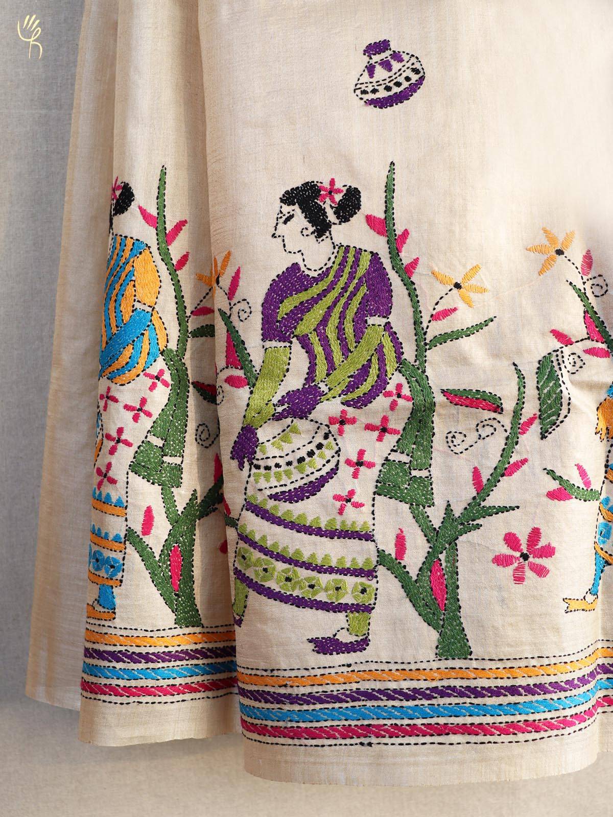 Dark Saffron Cotton Kurti with Kantha Stitch