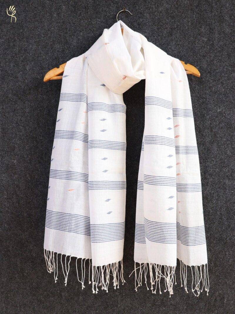 Jamdani Handloom Cotton White Stole with Tassels